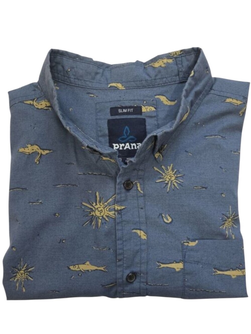 prAna Mens L Slim Fit Button Down Shirt Blue Sun Fish Bird Print Organic Cotton